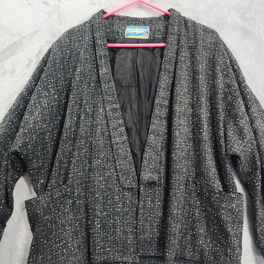 Vintage Otalia Paris Jacket Womens One Size Black Wool‎ Tweed Kimono Open Front